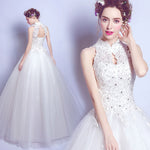Stand Collar Hollowed Back Sleeveless Beaded Wedding Gown