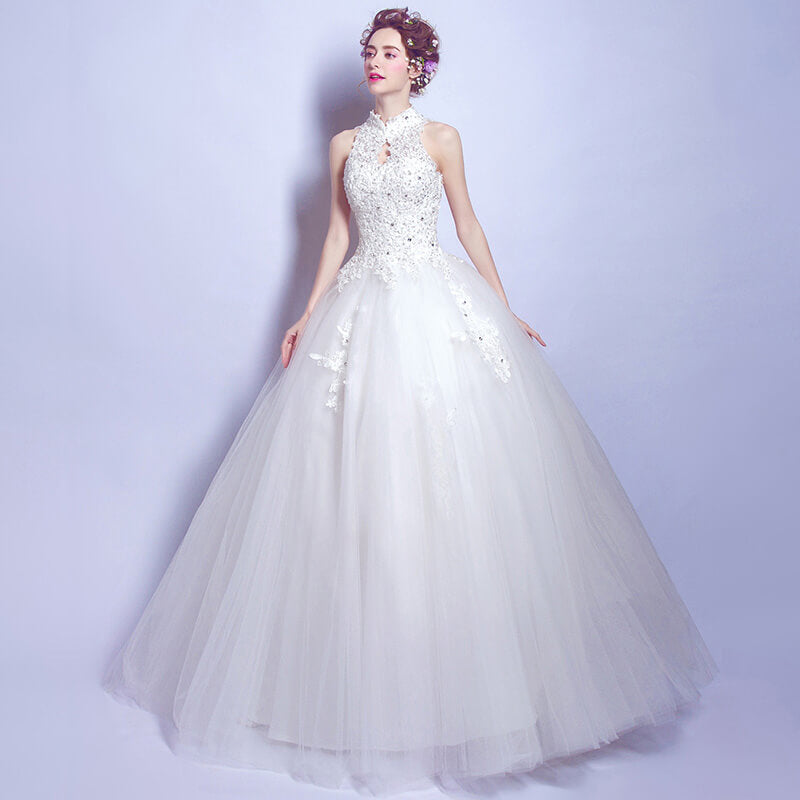 Stand Collar Hollowed Back Sleeveless Beaded Wedding Gown
