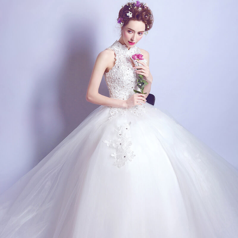 Stand Collar Hollowed Back Sleeveless Beaded Wedding Gown
