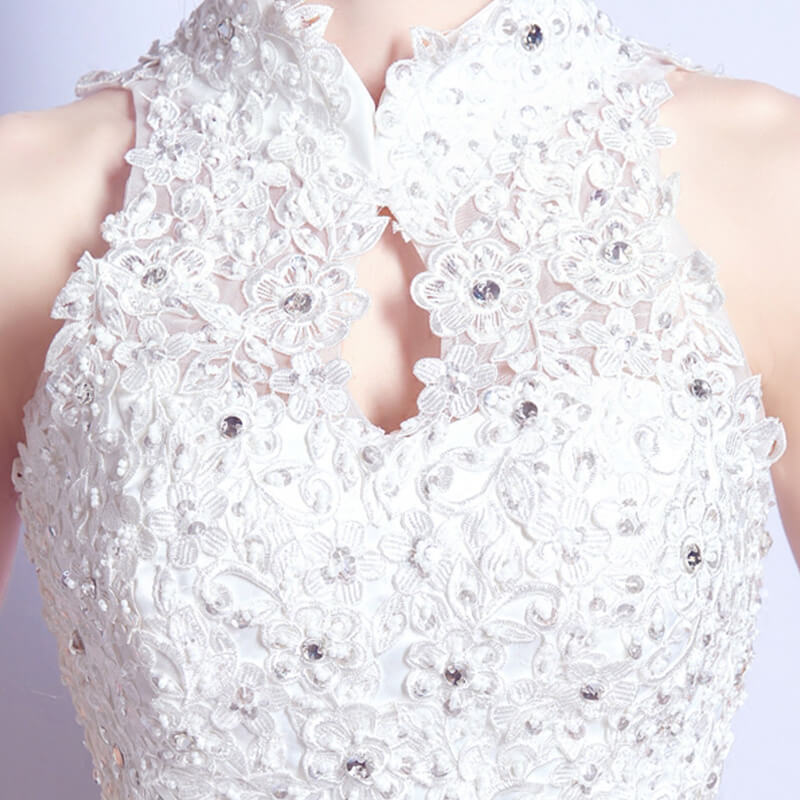 Stand Collar Hollowed Back Sleeveless Beaded Wedding Gown