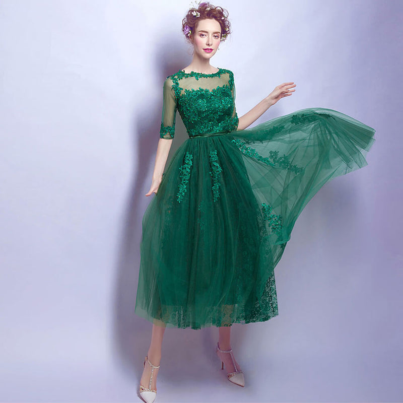 Sheer Neck & Back Lace Appliqués Tea Length Mother Dresses