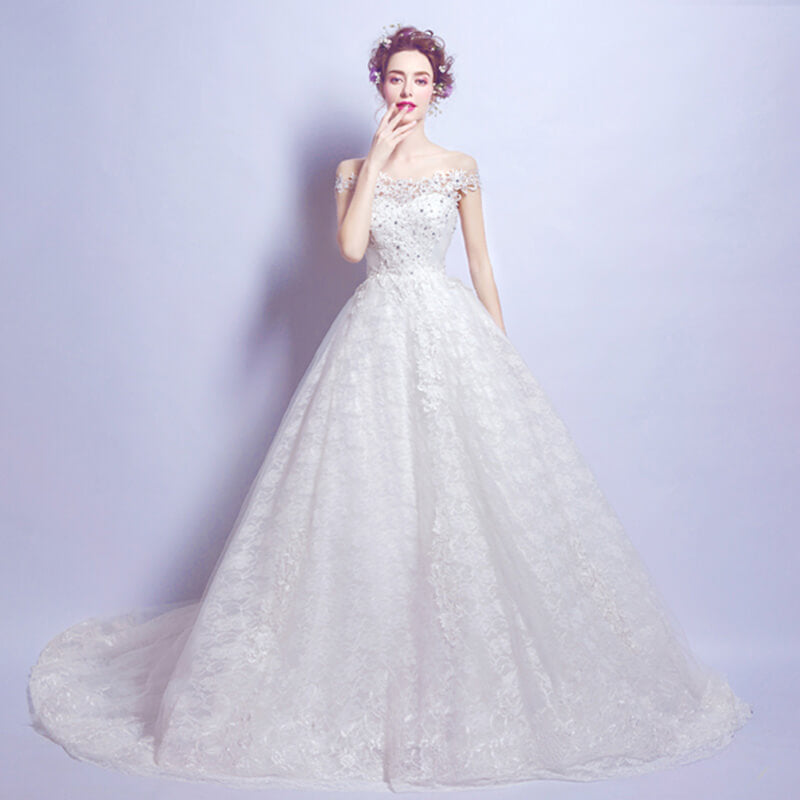 Off the Shoulder Slash Neckline Lace A Line Wedding Gown for Brides