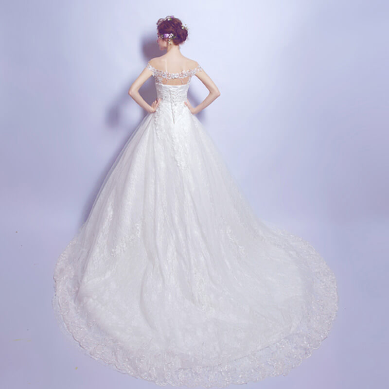 Off the Shoulder Slash Neckline Lace A Line Wedding Gown for Brides