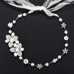 Flowers Crystal & Pearls Satin Wedding Hair Sash Belt for Brides