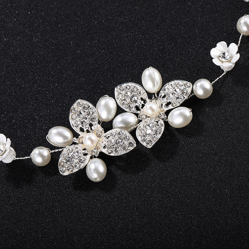 Flowers Crystal & Pearls Satin Wedding Hair Sash Belt for Brides