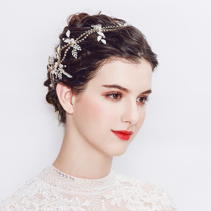 Leaves Crystal & Pearls Wedding Hair Sash Belt for Brides