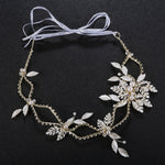 Leaves Crystal & Pearls Wedding Hair Sash Belt for Brides