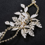 Leaves Crystal & Pearls Wedding Hair Sash Belt for Brides