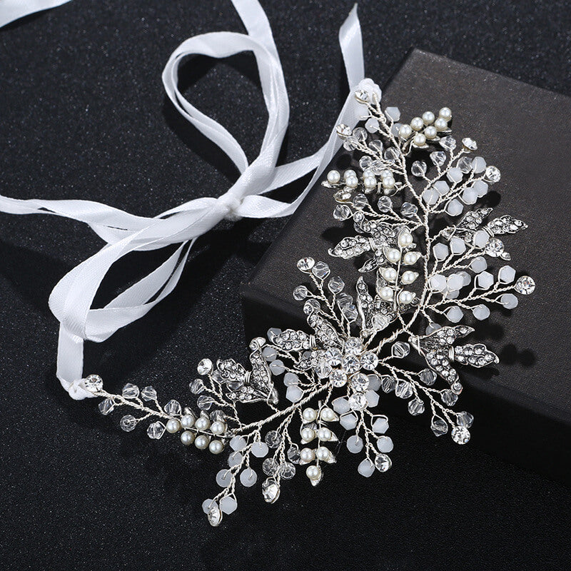 Crystal & Pearls Wedding Hair Sash Belt for Brides