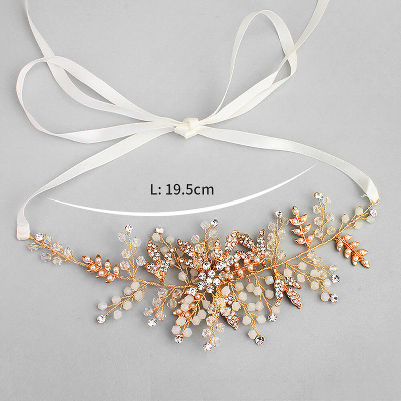 Crystal & Pearls Wedding Hair Sash Belt for Brides