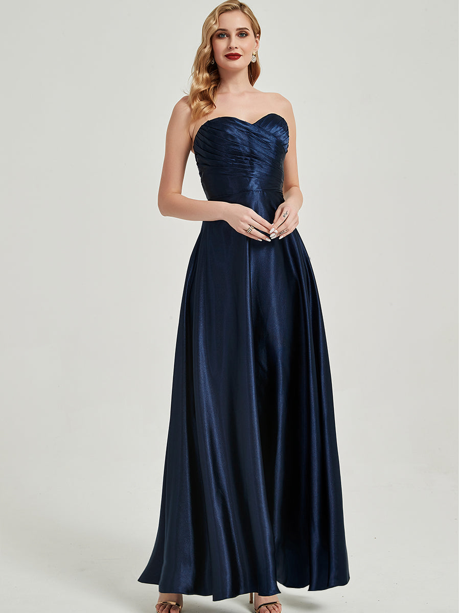 Navy Blue Satin Sweetheart Strapless Maxi Pleated Bridesmaid Dress – NZ