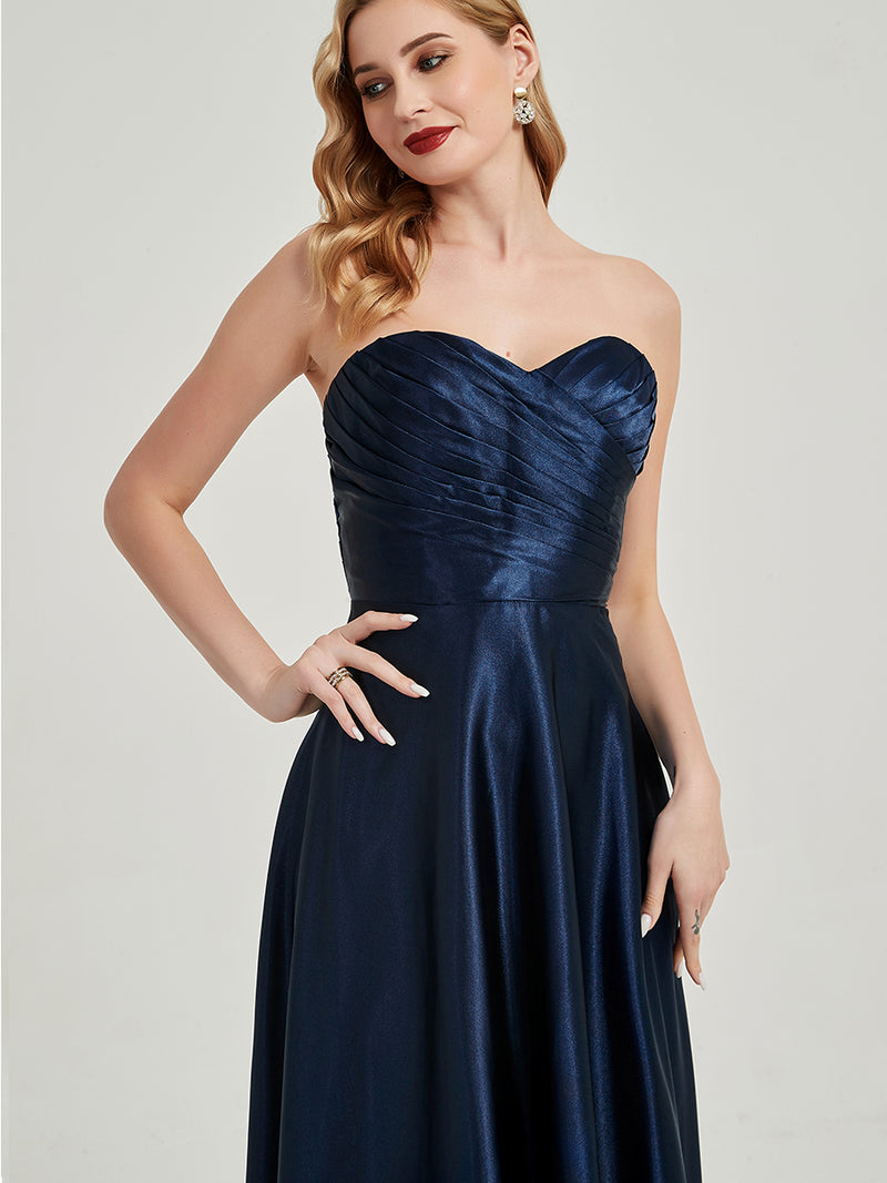 Navy Blue Satin Sweetheart Strapless Maxi Pleated Bridesmaid Dress