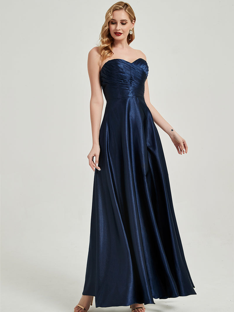Navy Blue Satin Sweetheart Strapless Maxi Pleated Bridesmaid Dress