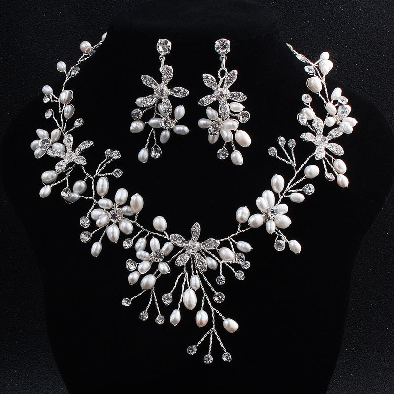 Handcraft Wedding Earrings Necklace Set with Rhinestones& Pearls