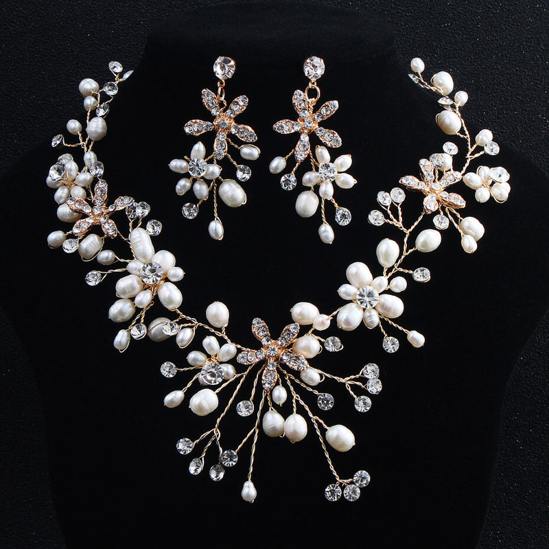 Handcraft Wedding Earrings Necklace Set with Rhinestones& Pearls