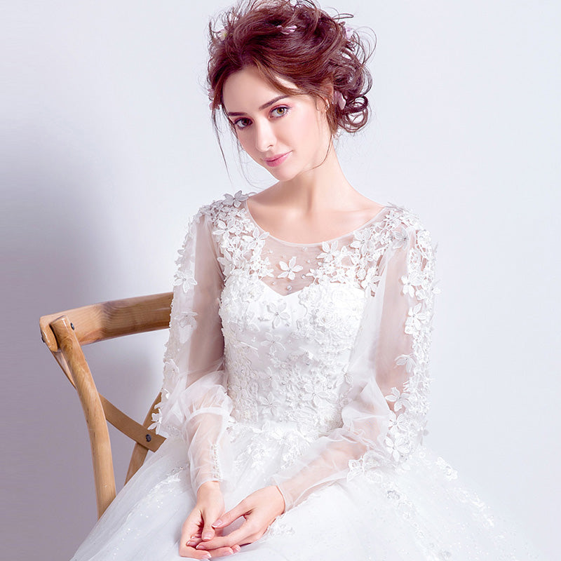Long And Natural Sleeves Wedding Gown For Brides