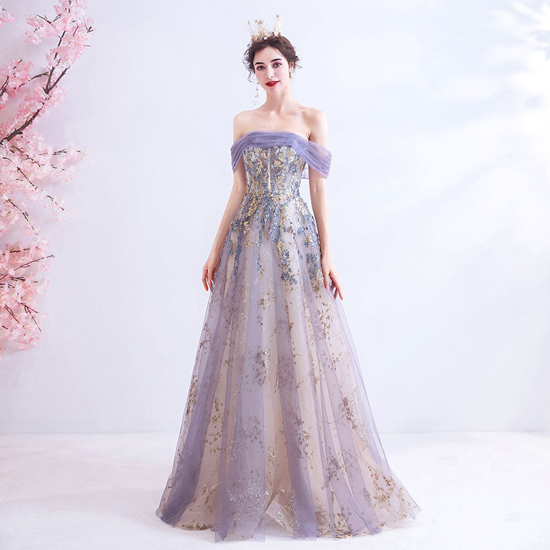 Off The Shoulder Gold Floral Embroidery Ball Gown