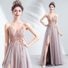 Sleeveless Plunging V-neckline A-Line Embroidered Tulle Gown