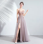 Plunging V-neckline A-Line Embroidered Tulle Gown