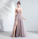 Dusty Pink Plunging V-neckline A-Line Embroidered Tulle Gown