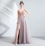 Floor Length Dusty Pink  Plunging V-neckline A-Line Embroidered Tulle Gown