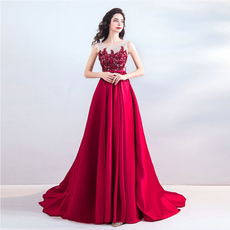 Burgundy Embroidery Formal Long Satin Evening Party Dress