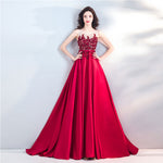 Floor length Burgundy Embroidery Formal Long Satin Evening Party Dress