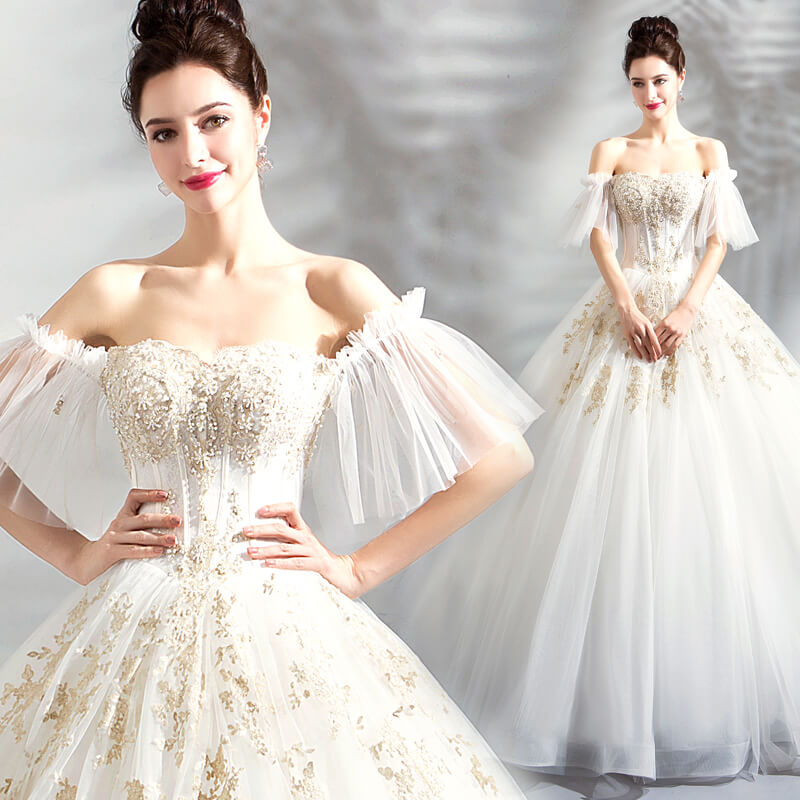 Vintage Elegant Slash off the shoulder Neck Bridal Gown