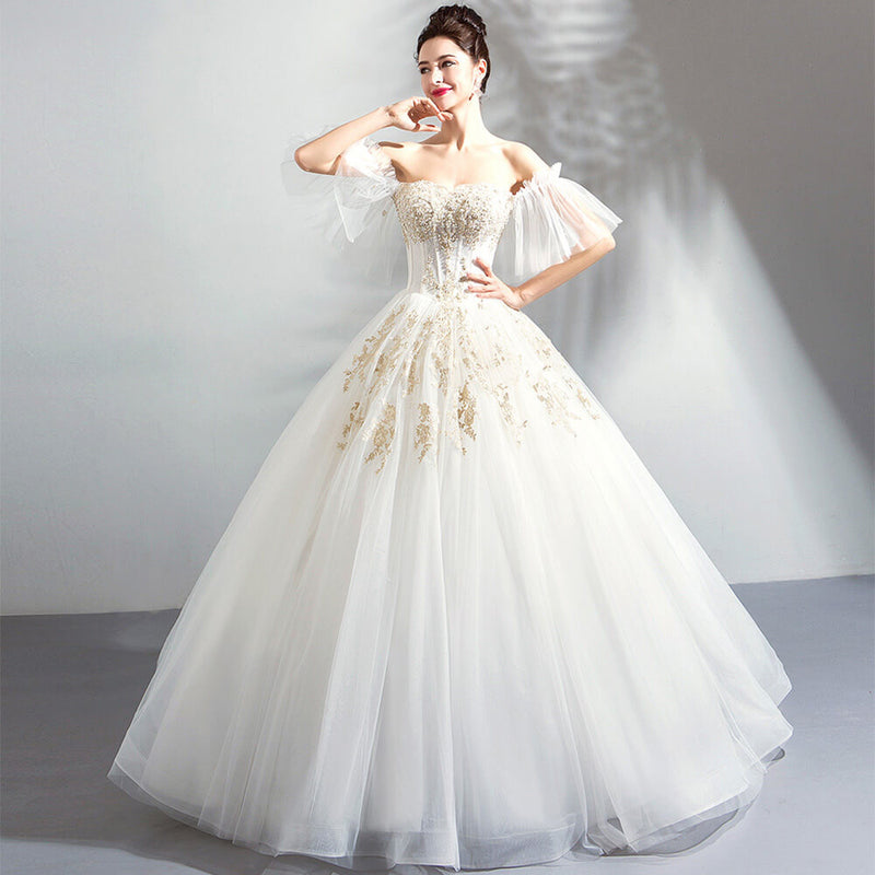 Floor length Lace Ruffles Sleeves Slash Bridal Gown