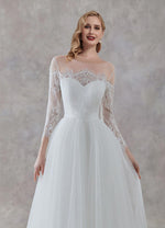 NZ Bridal White Lace Long-sleeved Transparent Word Collar Romantic Bridal Wedding Dress Button Simple Slim Wedding Gowns