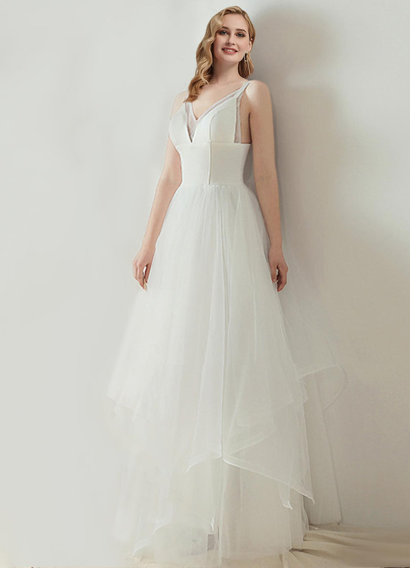 NZ Bridal Sling V-neck Dimensional Cut Wedding Dress A-line Irregular Hem Simple Slim Wedding Gowns