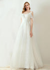 NZ Bridal A-Line Lace Up Strap Ruffle Sleeves Romantic Illusion Flared Dress Simple Slim Wedding Bridal Gowns