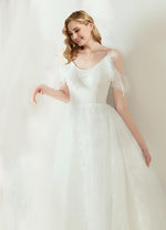 NZ Bridal A-Line Lace Up Strap Ruffle Sleeves Romantic Illusion Flared Dress Simple Slim Wedding Bridal Gowns