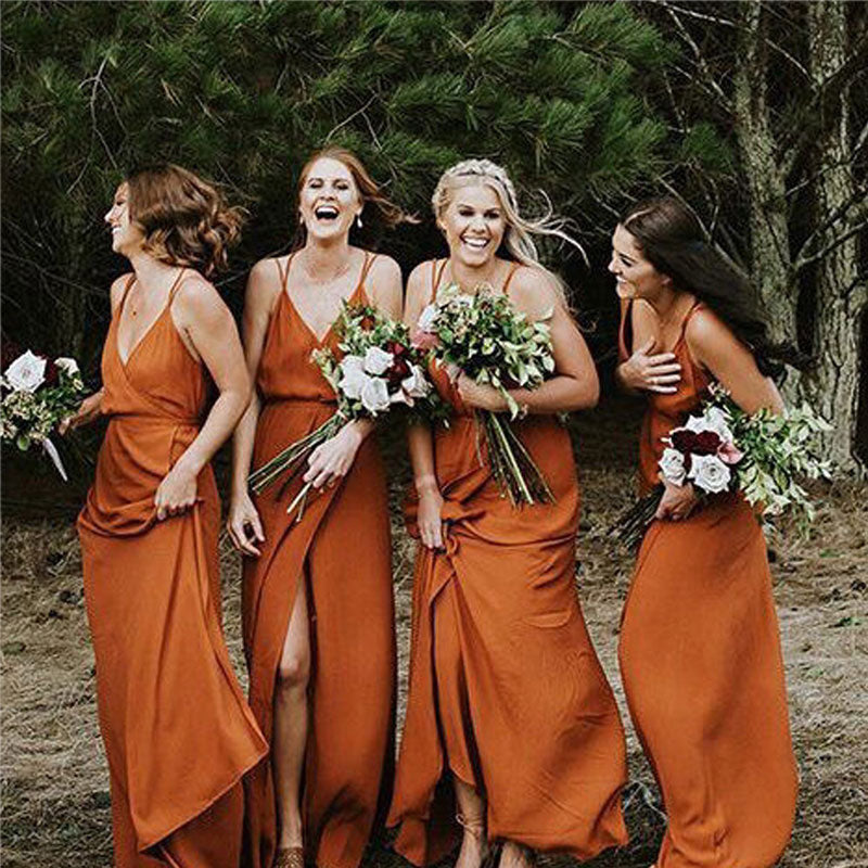Burnt Orange V-neckline Straps Long Bridesmaid Dresses, US14 / AU18 / UK18 (Bust100/Waist83) / Change Color From Swatches Burnt Orange V-neckline Straps Long Bridesmaid Dresses, US14 / AU18 / UK18 (Bust100/Waist83) / Change Color From Swatches