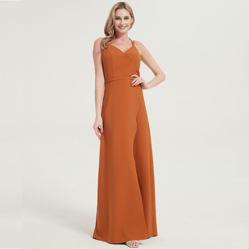 Burnt Orange V-neckline Straps Long Bridesmaid Dresses