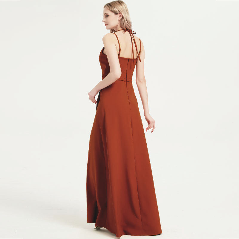 Rusty Red V-neckline Straps Long Bridesmaid Dresses