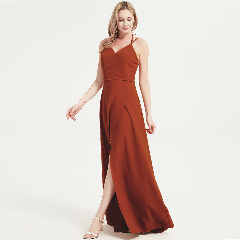 Rusty Red V-neckline Straps Long Bridesmaid Dresses