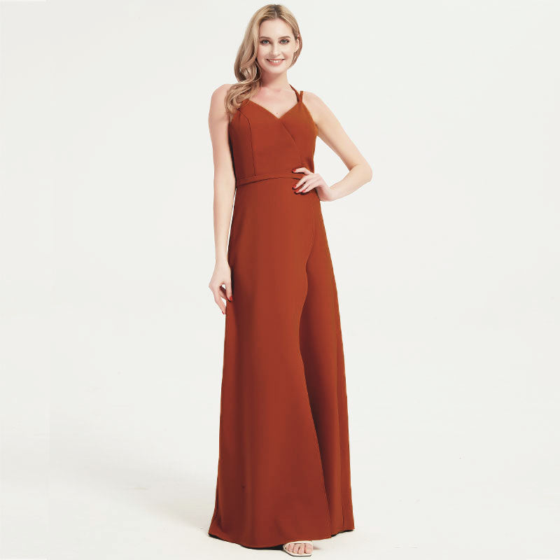 Rusty Red V-neckline Straps Long Bridesmaid Dresses