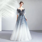 Blue Grey Gradient Bell-sleeves Applique A-line Ball Gown