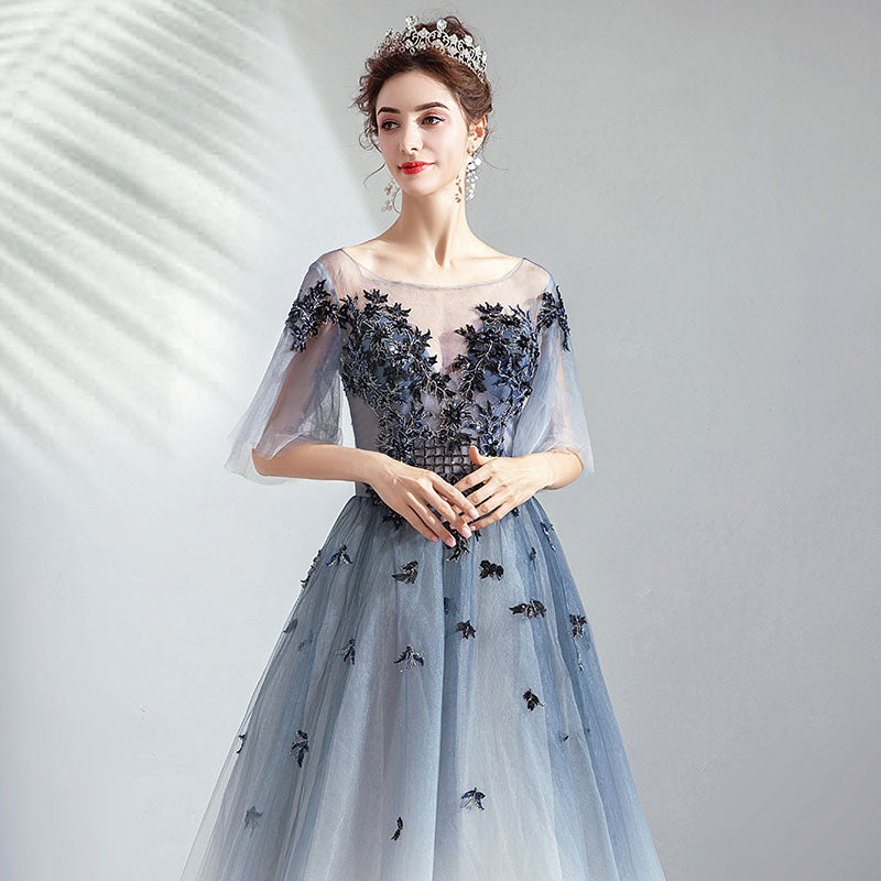 Blue Grey Gradient Bell-sleeves Applique A-line Ball Gown