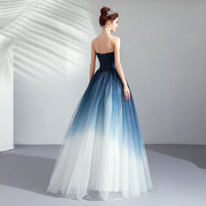 Blue Gradient A Line Skirt Strapless Light Yarn Romantic Evening Dress