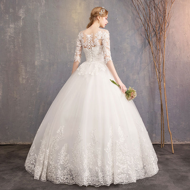 Lace Flower Sheer Sleeves Elegant Wedding Gown