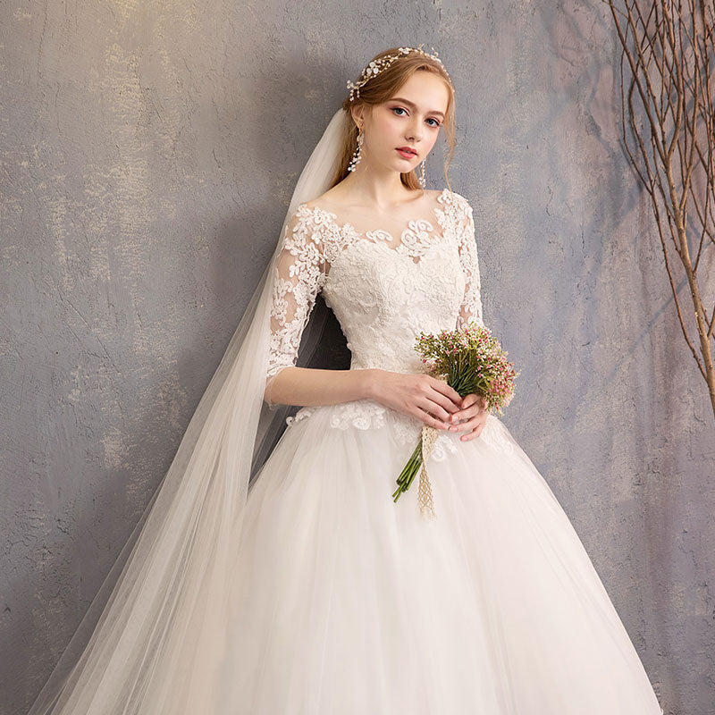 Lace Flower Sheer Sleeves Elegant Wedding Gown