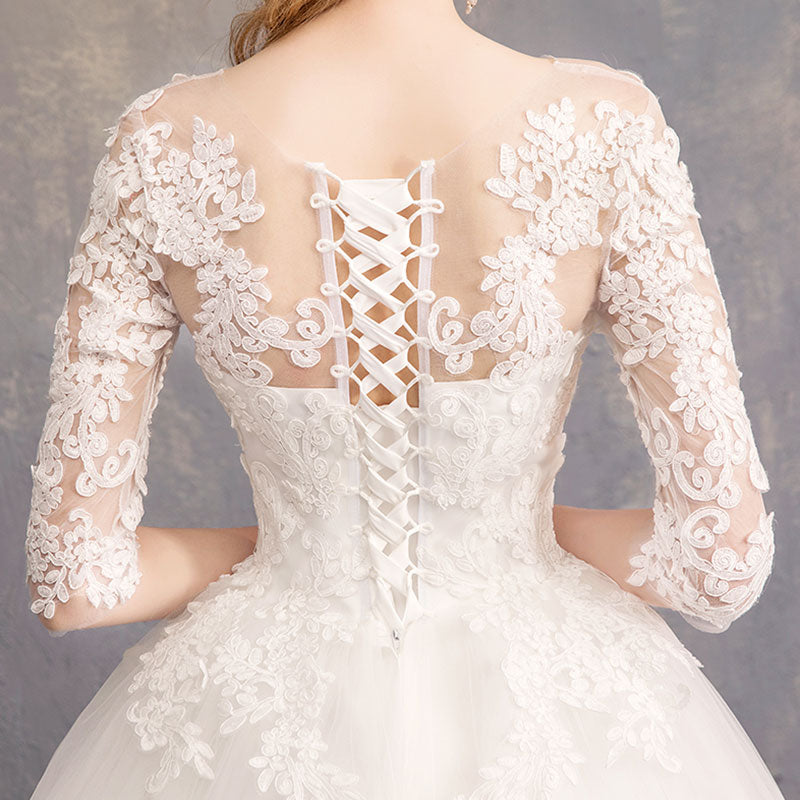 Lace Flower Sheer Sleeves Elegant Wedding Gown