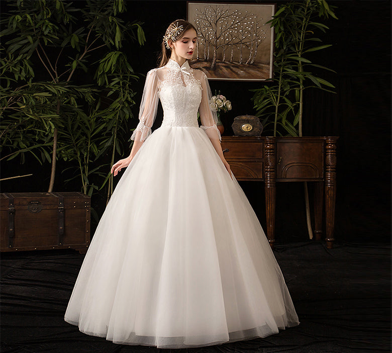 Vintage High Collar Lace Flower Wedding Gown