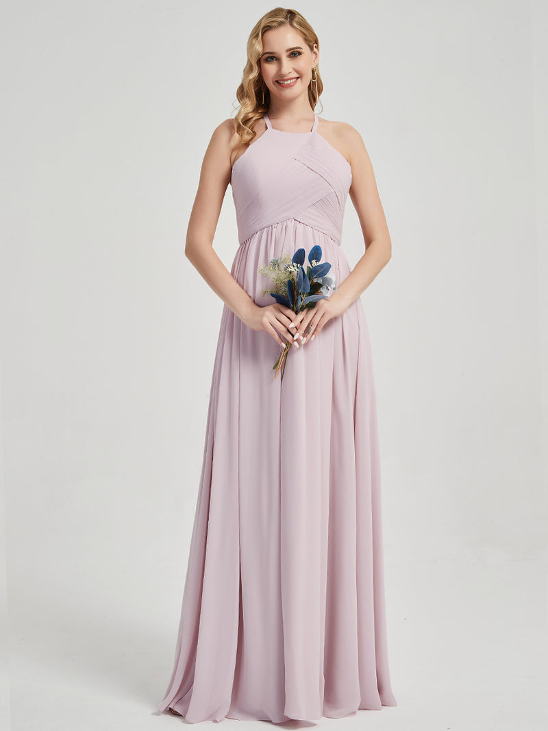 Pale Rose Halter Pleated Keyhole Back Chiffon Maxi Bridesmaid Dress