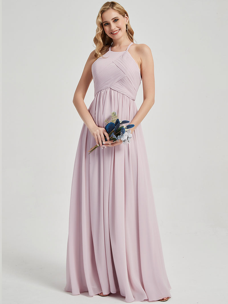 Pale Rose Halter Pleated Keyhole Back Chiffon Maxi Bridesmaid Dress