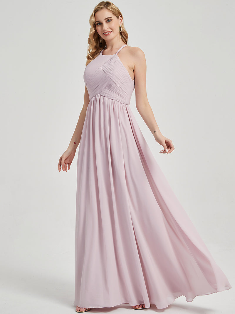 Pale Rose Halter Pleated Keyhole Back Chiffon Maxi Bridesmaid Dress