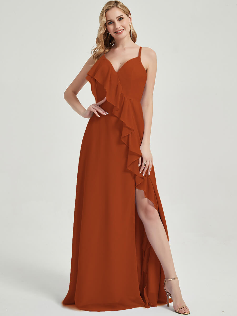 Floor length slit chiffon Fabric Bridesmaid Dress