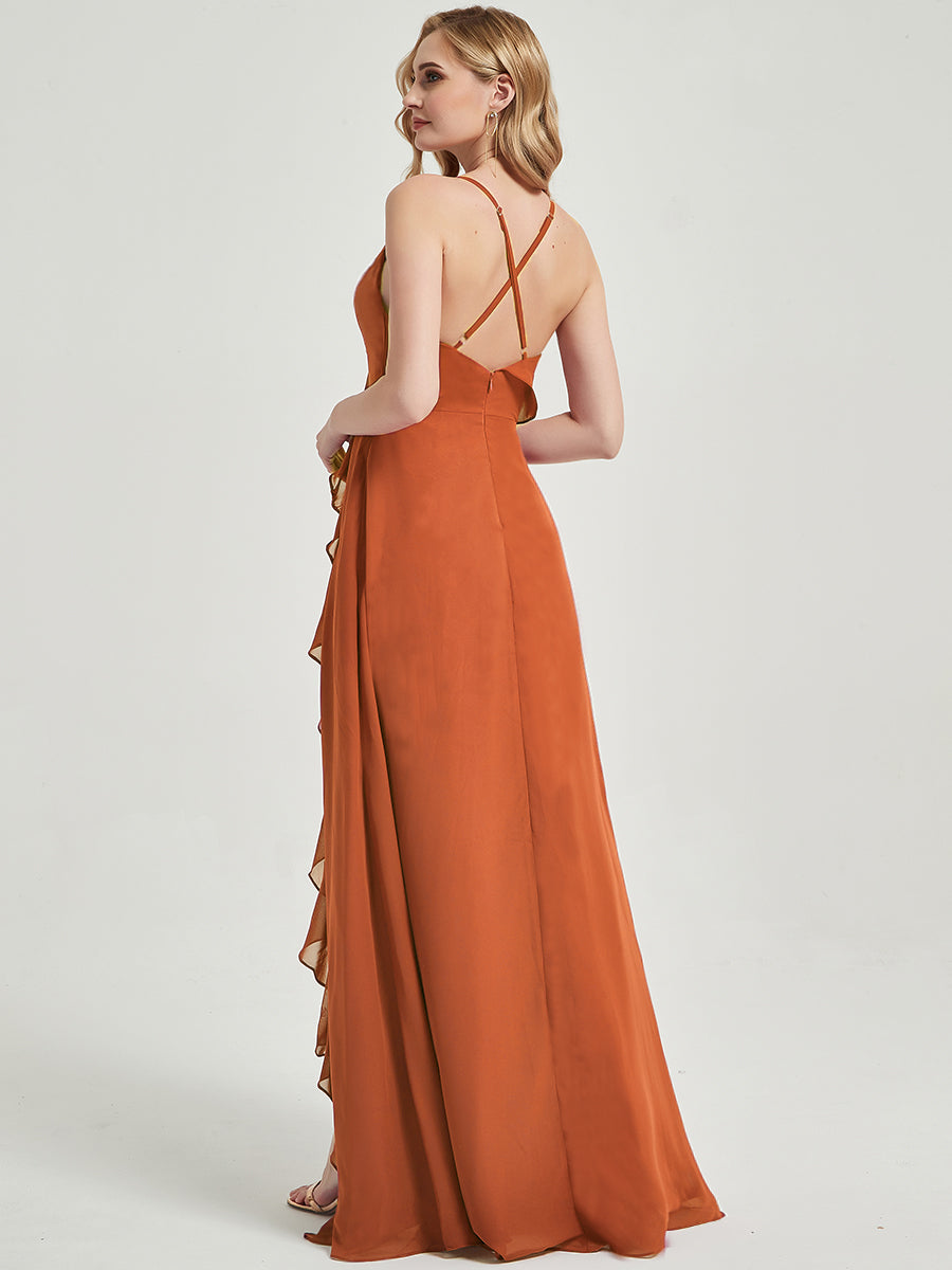 Floor length slit chiffon Fabric Bridesmaid Dress